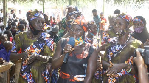Women's group Rosengbeh Community jubilating with songs to the donor Grace and John Perkin and ActionAid Sierra Leone 